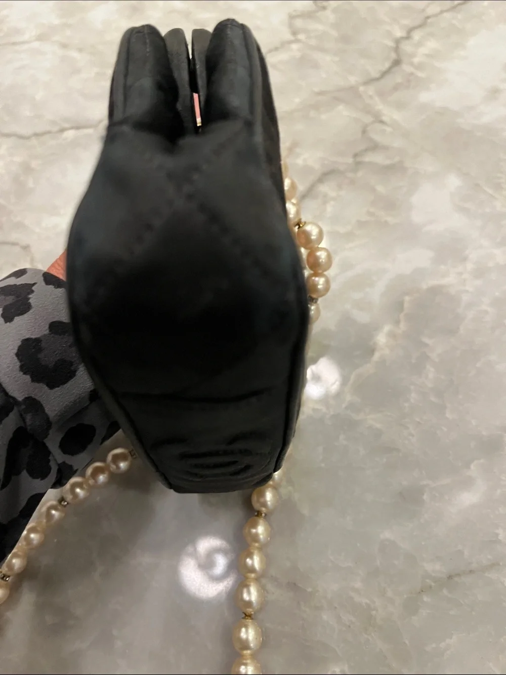 Black Satin Authentic Chanel Evening Bag with faux pearl strap.